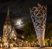 Cathedral Square at night with the Christchurch Cathedral and the Chalice Sculpture (by Neil Dawson) Canterbury, New Zealand - stock photo, canvas, fine art print